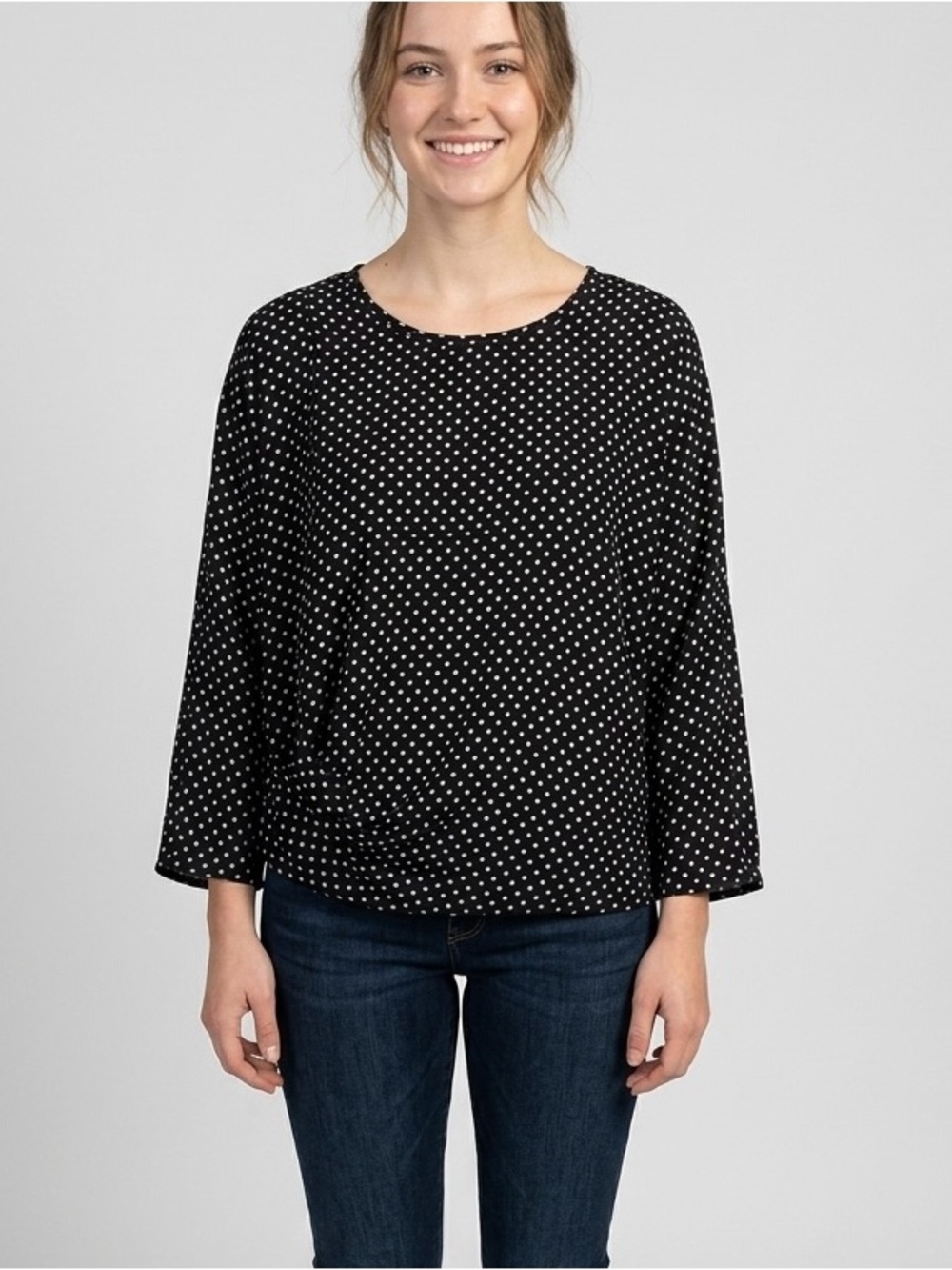 Michael Kors Black & White Polka Dot Relaxed Scoop Neck Long Sleeve Top M 1814